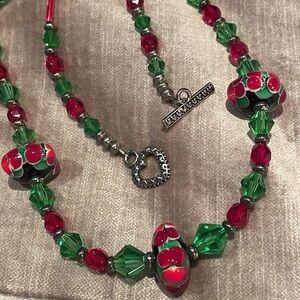 Green & Red Millefiore Glass & Beaded Toggle Necklace 18”